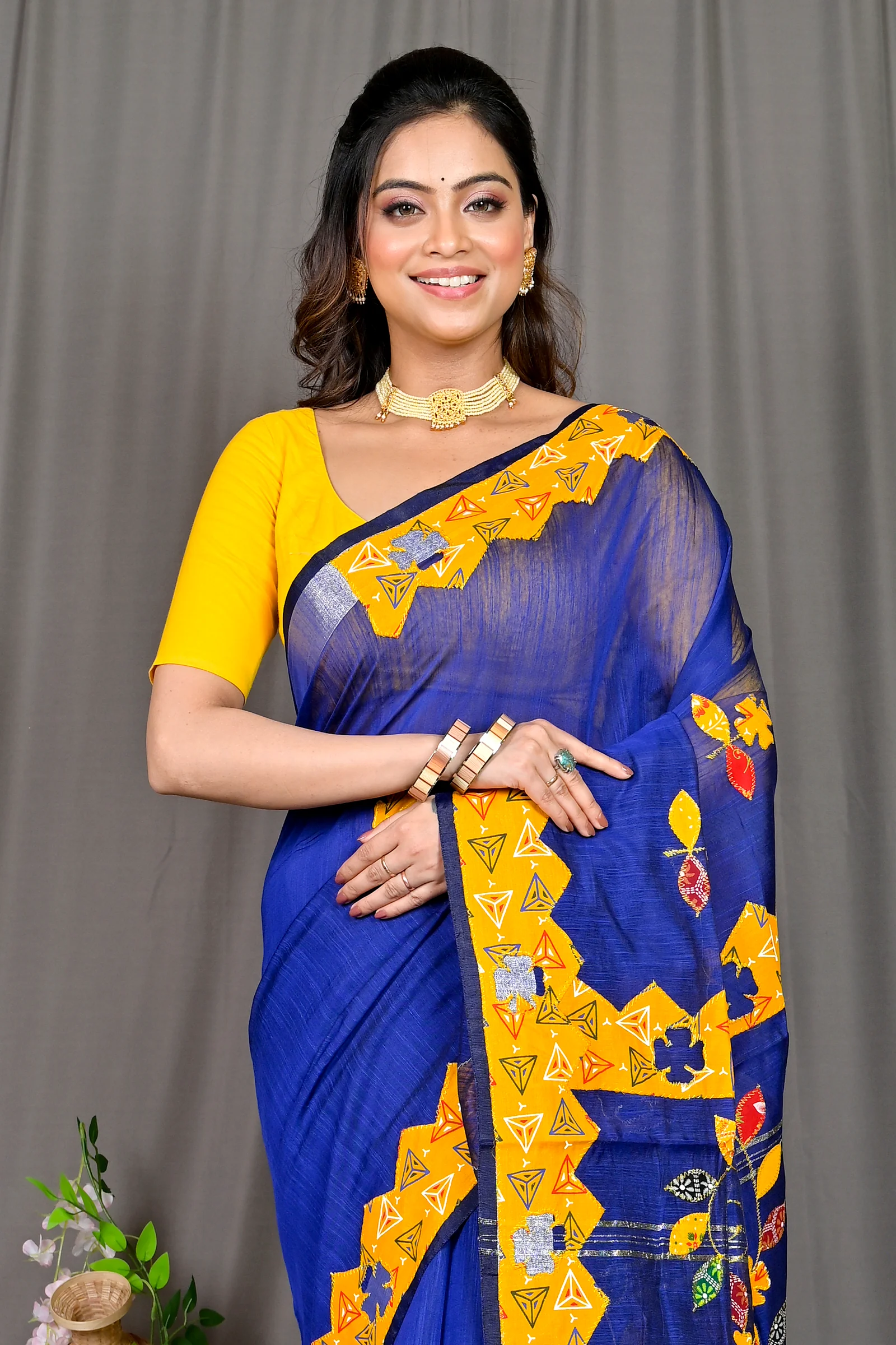 Blue Cotton Blended Parik Applique Saree (332)